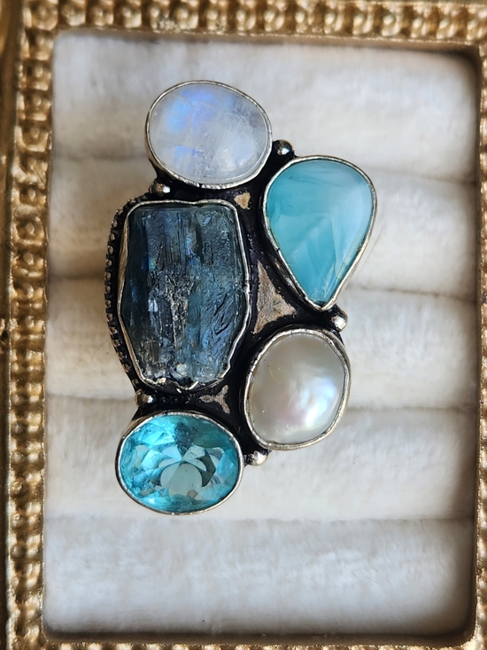 Artisan Jewelry - Vtg 925 Sterling Silver Multi Gemstone Cluster Ring Moonstone Larimar Kyanite 8